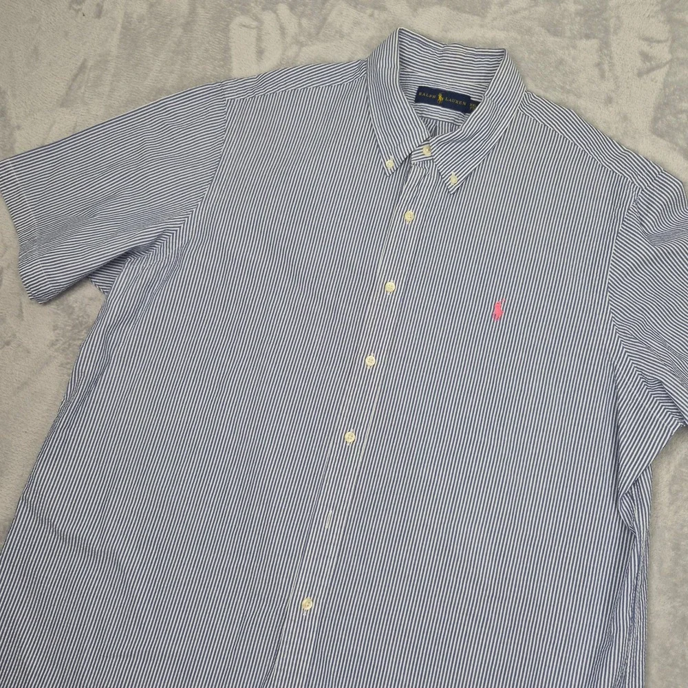 Ralph Lauren Short Sleeve Mens XXL Blue White Striped Seersucker Shirt Pink Pony